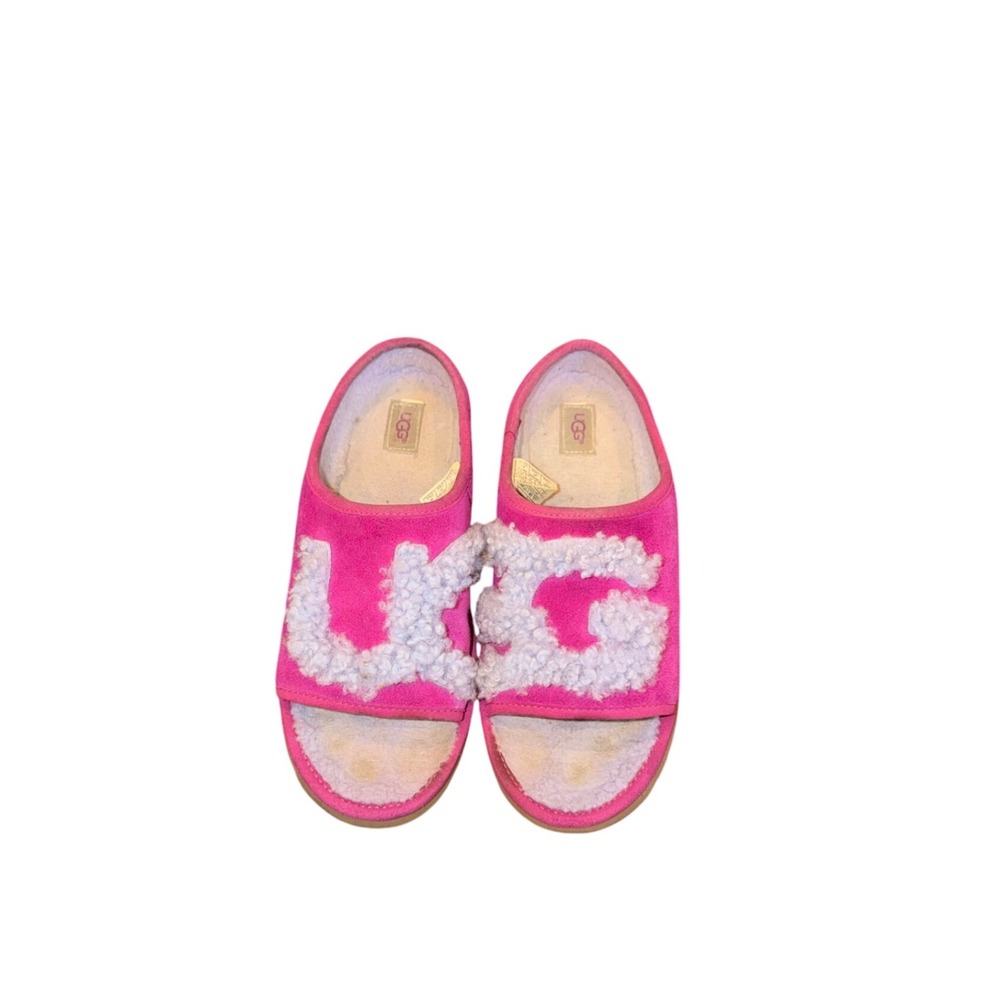 UGG Pink Fuzzy Logo Slide Slippers Sandals Women's Size 10 EU 41
